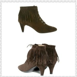 New Maje Fox Fringed Suede Leather Granny Marron Brown Boots Booties  Distressed